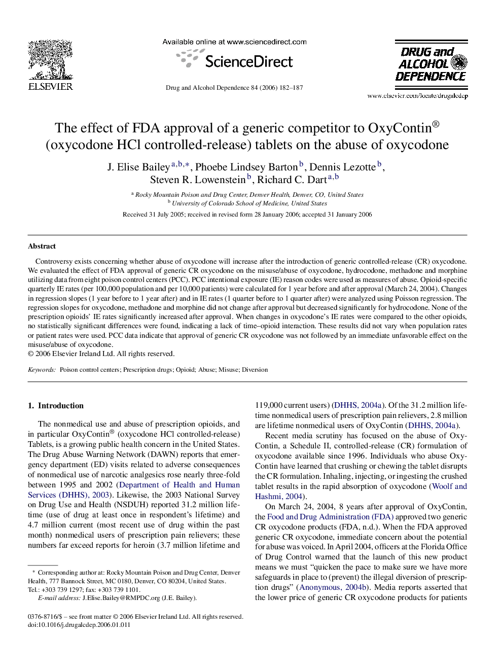 The effect of FDA approval of a generic competitor to OxyContin® (oxycodone HCl controlled-release) tablets on the abuse of oxycodone