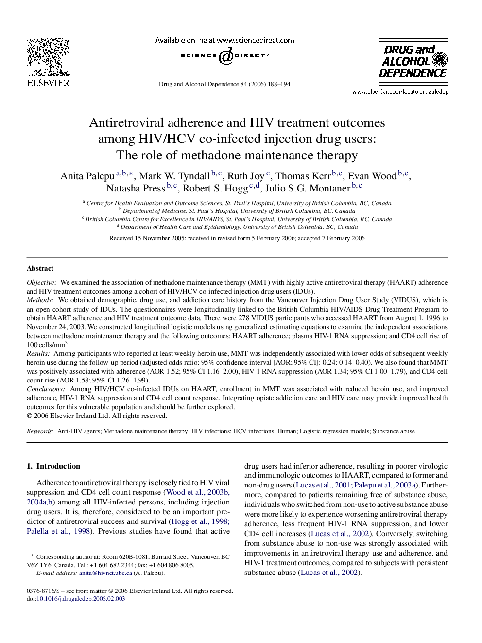 Antiretroviral adherence and HIV treatment outcomes among HIV/HCV co-infected injection drug users: The role of methadone maintenance therapy