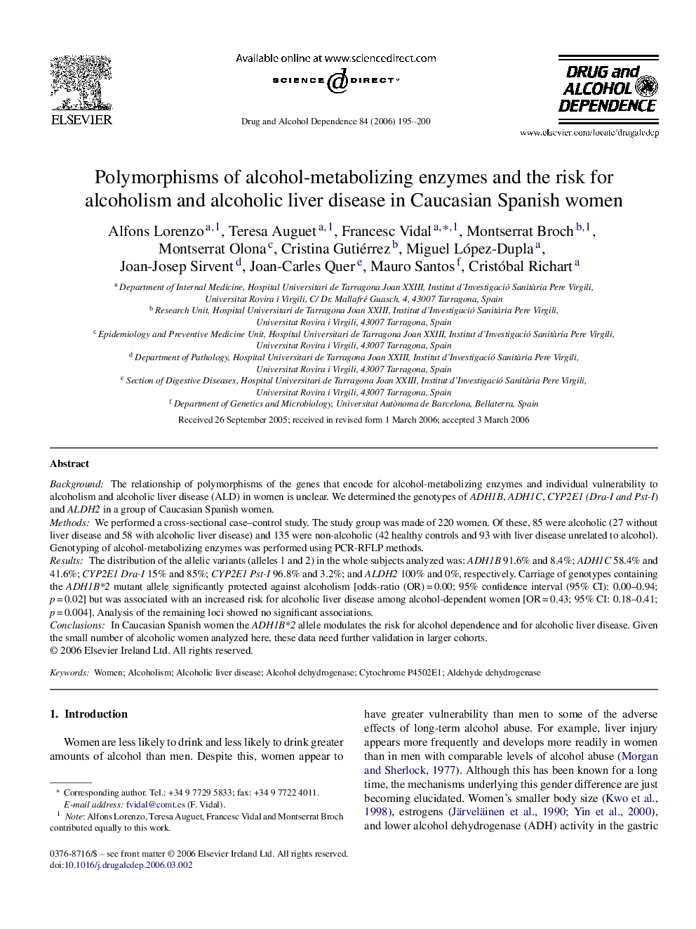 Polymorphisms of alcohol-metabolizing enzymes and the risk for alcoholism and alcoholic liver disease in Caucasian Spanish women