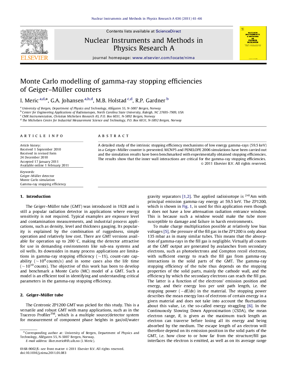 عکس صفحه اول مقاله: Monte Carlo modelling of gamma-ray stopping efficiencies of Geiger-Müller counters Monte Carlo modelling of gamma-ray stopping efficiencies of Geiger-Müller counters