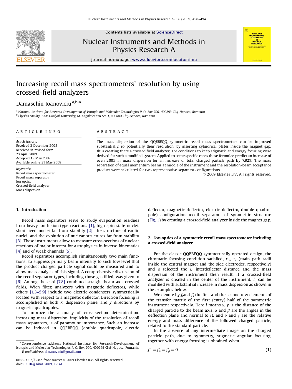 Increasing recoil mass spectrometers' resolution by using crossed-field analyzers