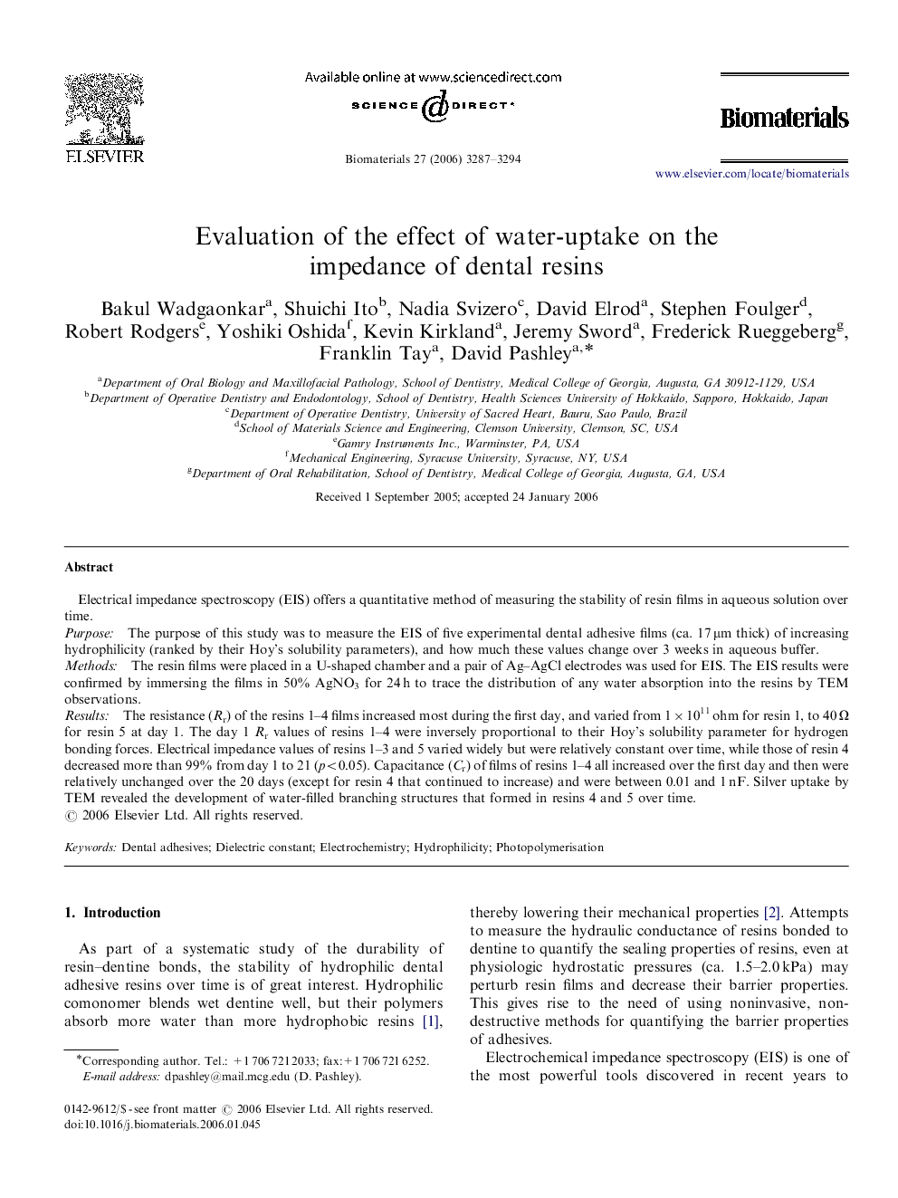 Evaluation of the effect of water-uptake on the impedance of dental resins