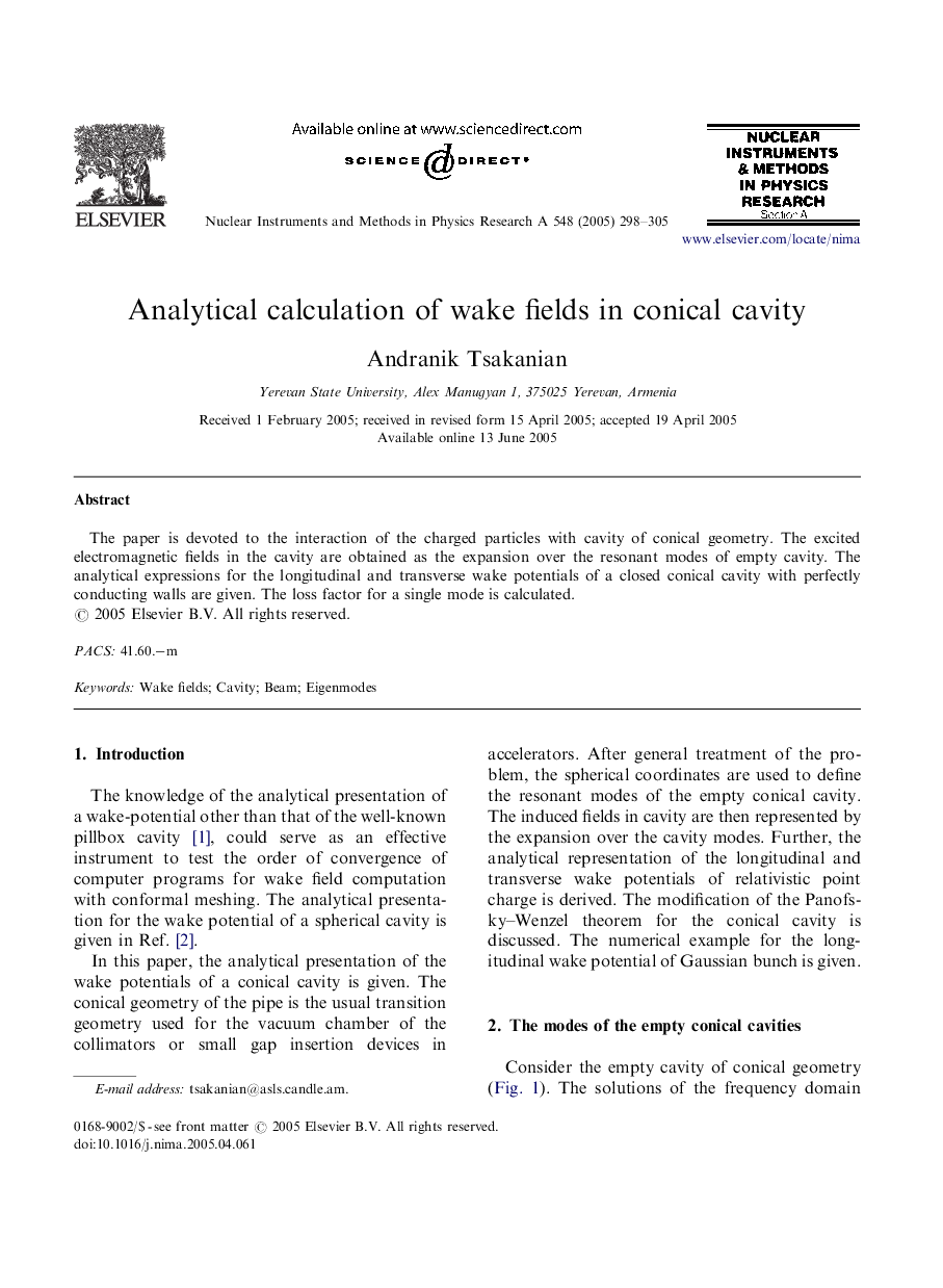 Analytical calculation of wake fields in conical cavity