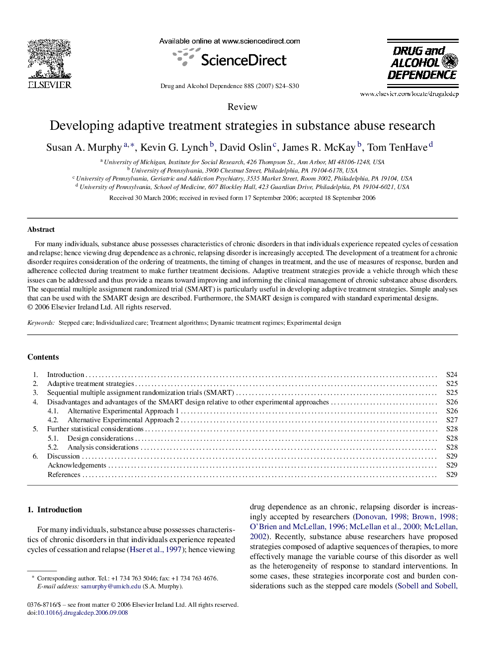 Developing adaptive treatment strategies in substance abuse research