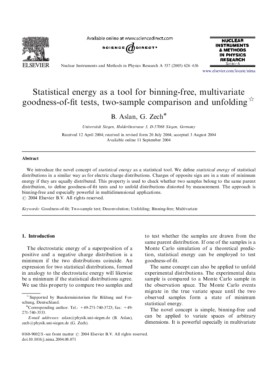 Statistical energy as a tool for binning-free, multivariate goodness-of-fit tests, two-sample comparison and unfolding