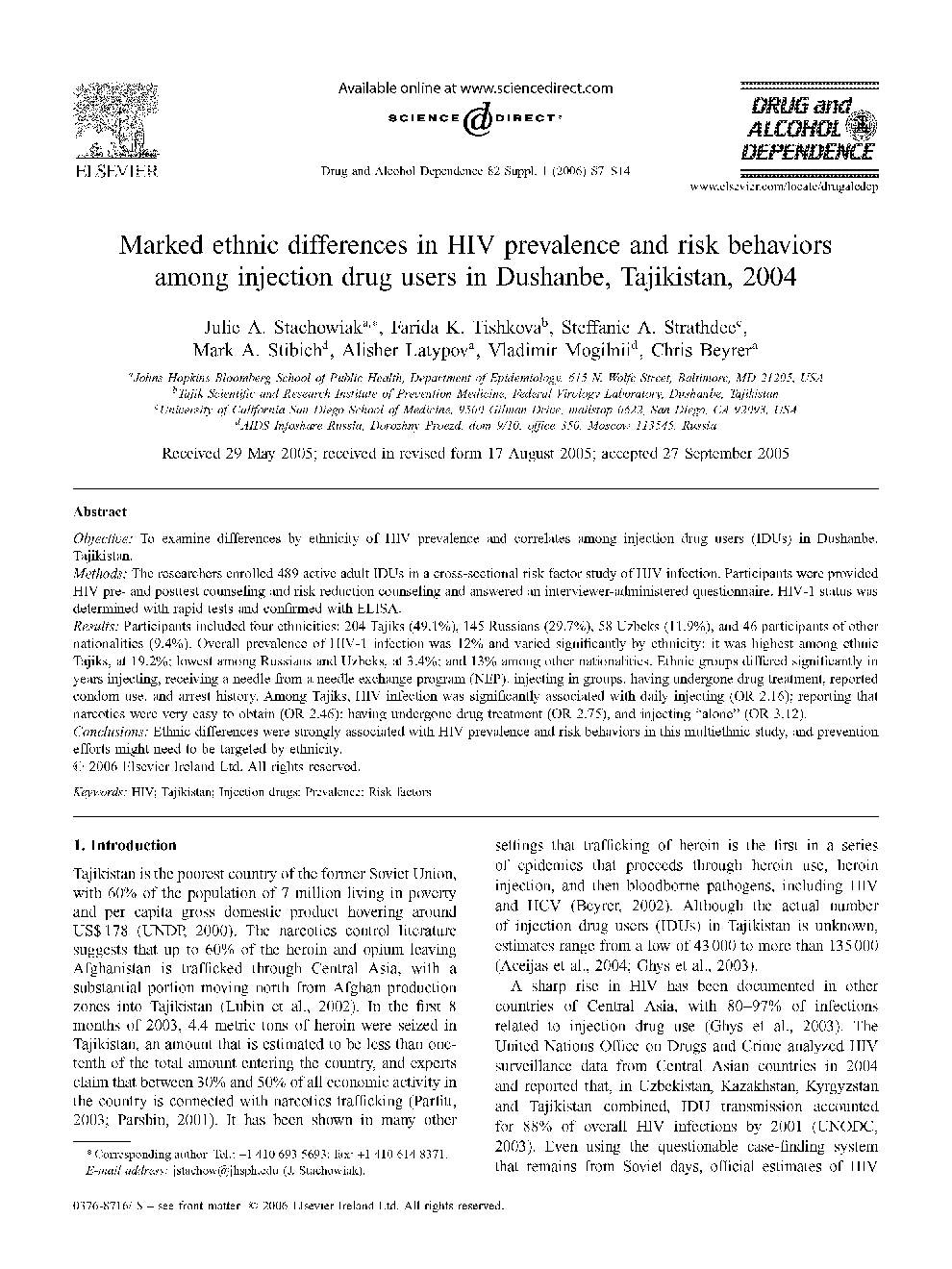 Marked ethnic differences in HIV prevalence and risk behaviors among injection drug users in Dushanbe, Tajikistan, 2004