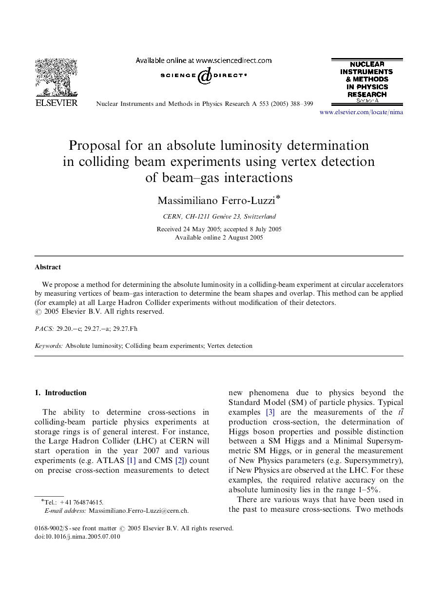 Proposal for an absolute luminosity determination in colliding beam experiments using vertex detection of beam-gas interactions