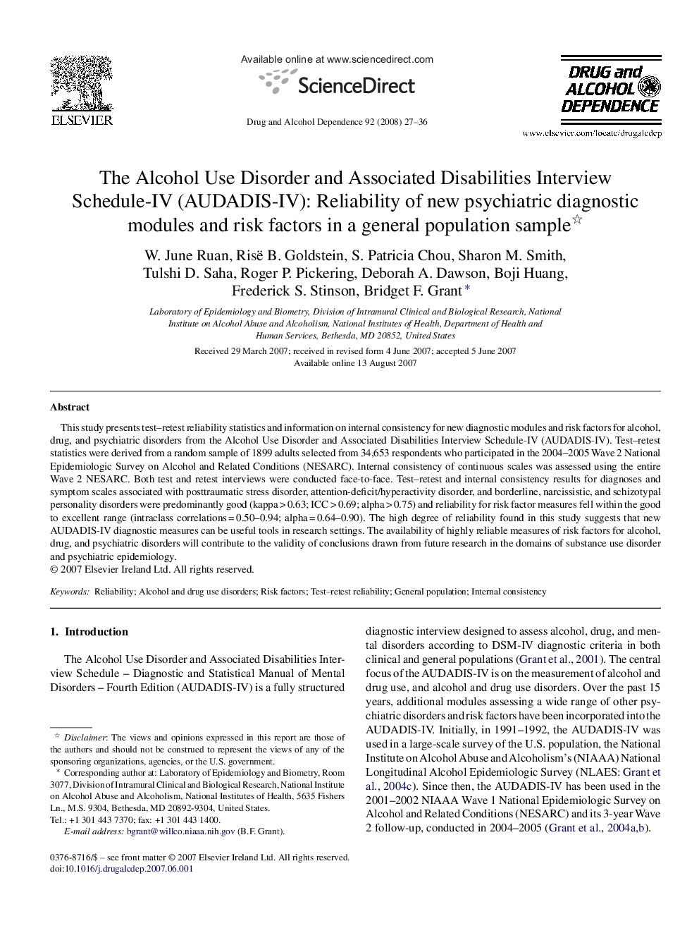 The Alcohol Use Disorder and Associated Disabilities Interview Schedule-IV (AUDADIS-IV): Reliability of new psychiatric diagnostic modules and risk factors in a general population sample 