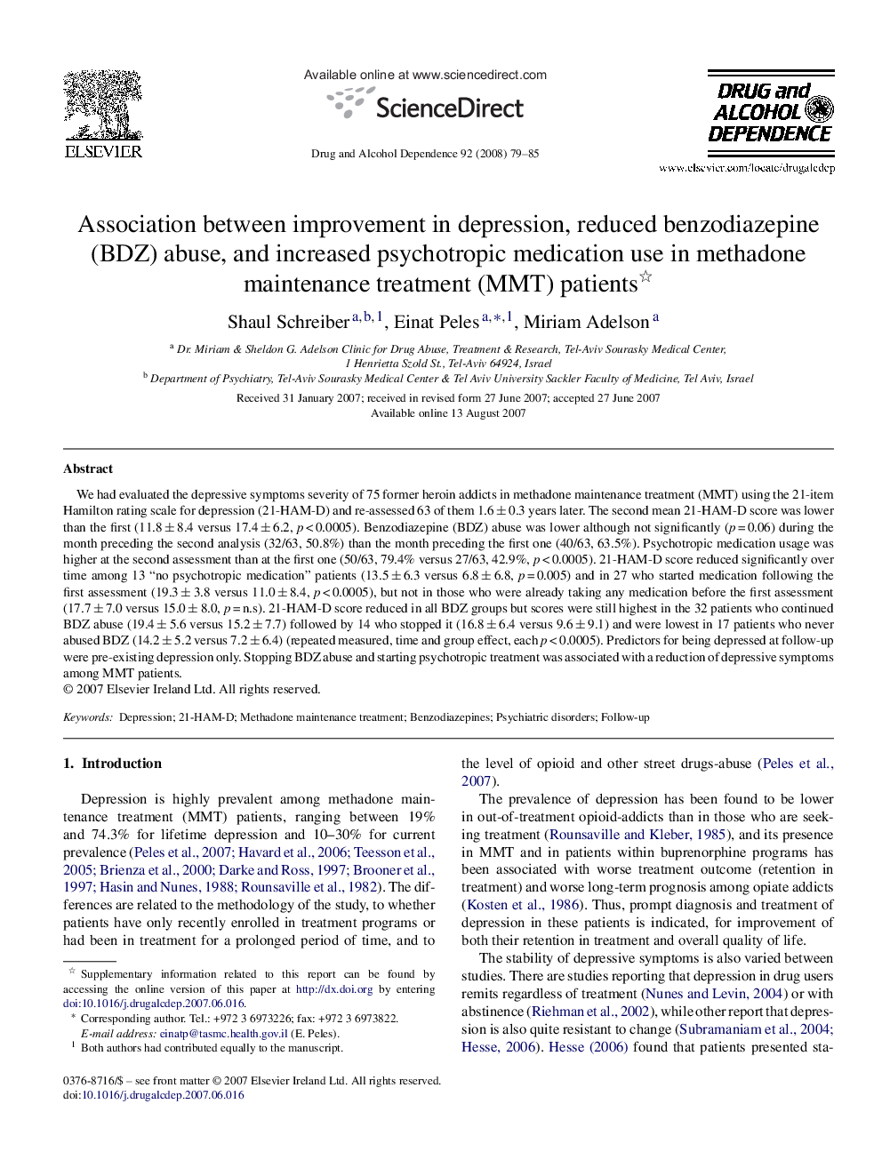 Association between improvement in depression, reduced benzodiazepine (BDZ) abuse, and increased psychotropic medication use in methadone maintenance treatment (MMT) patients 