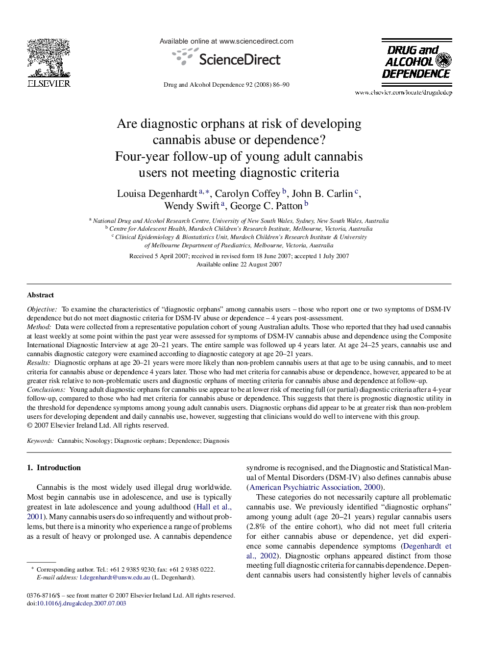 Are diagnostic orphans at risk of developing cannabis abuse or dependence?: Four-year follow-up of young adult cannabis users not meeting diagnostic criteria