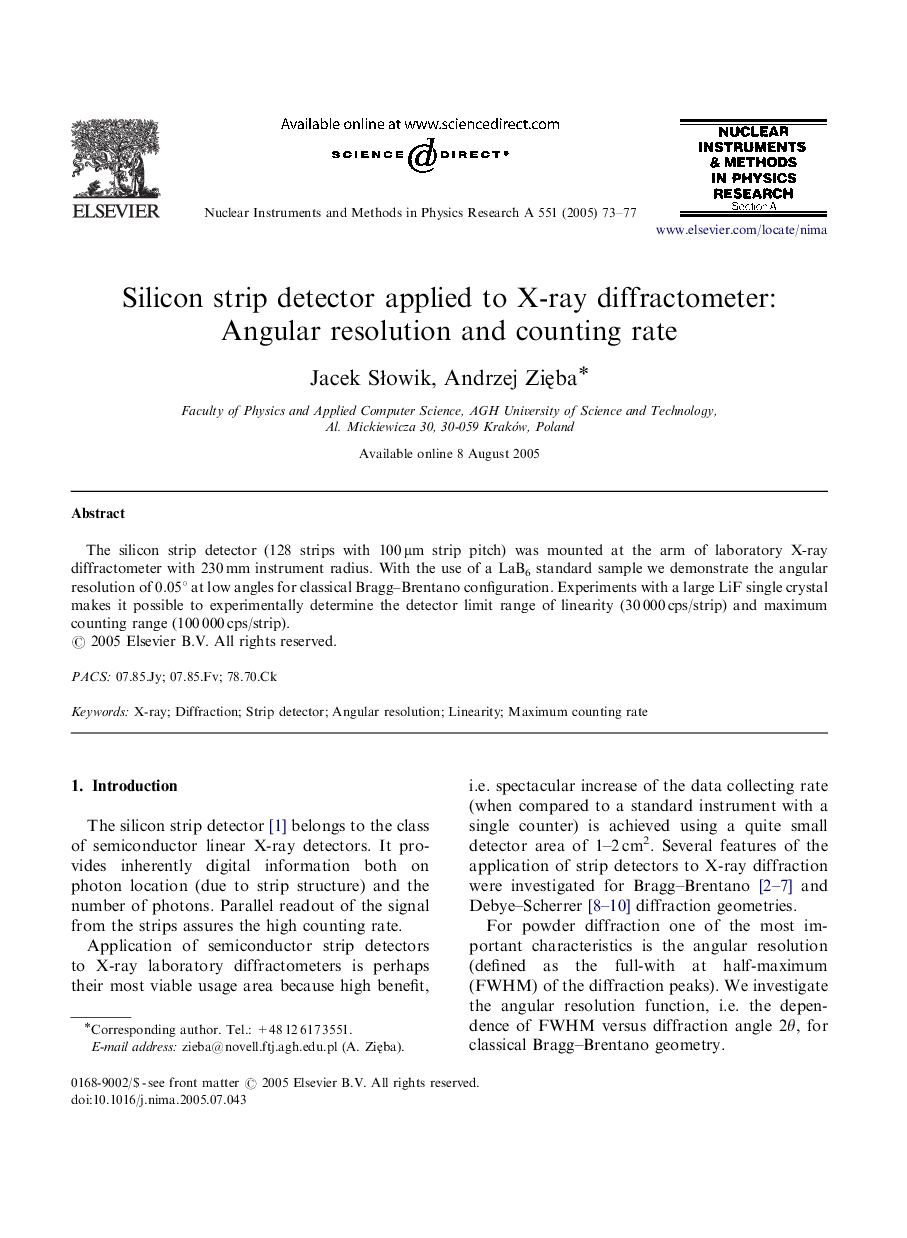 Silicon strip detector applied to X-ray diffractometer: Angular resolution and counting rate