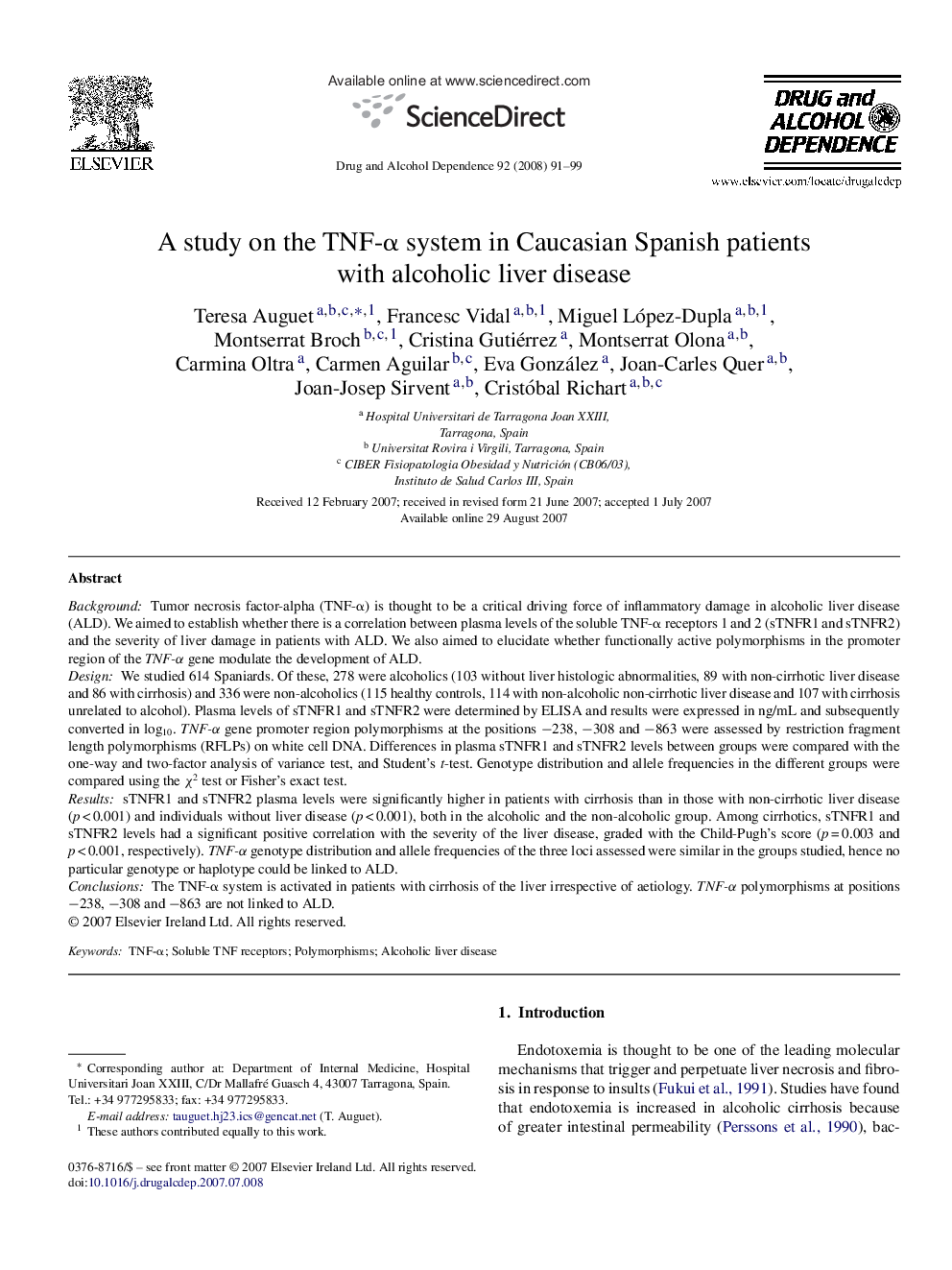 A study on the TNF-Î± system in Caucasian Spanish patients with alcoholic liver disease