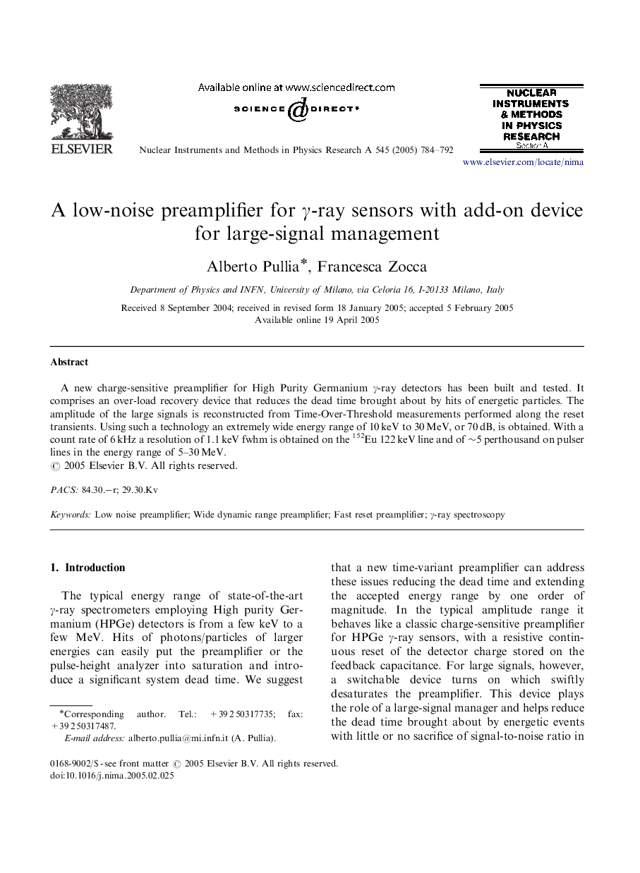 A low-noise preamplifier for Î³-ray sensors with add-on device for large-signal management