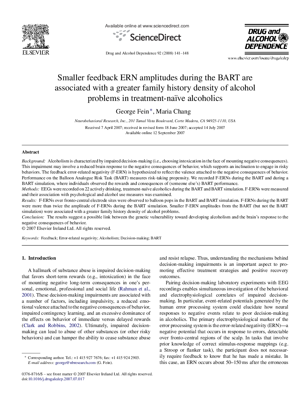 Smaller feedback ERN amplitudes during the BART are associated with a greater family history density of alcohol problems in treatment-naïve alcoholics