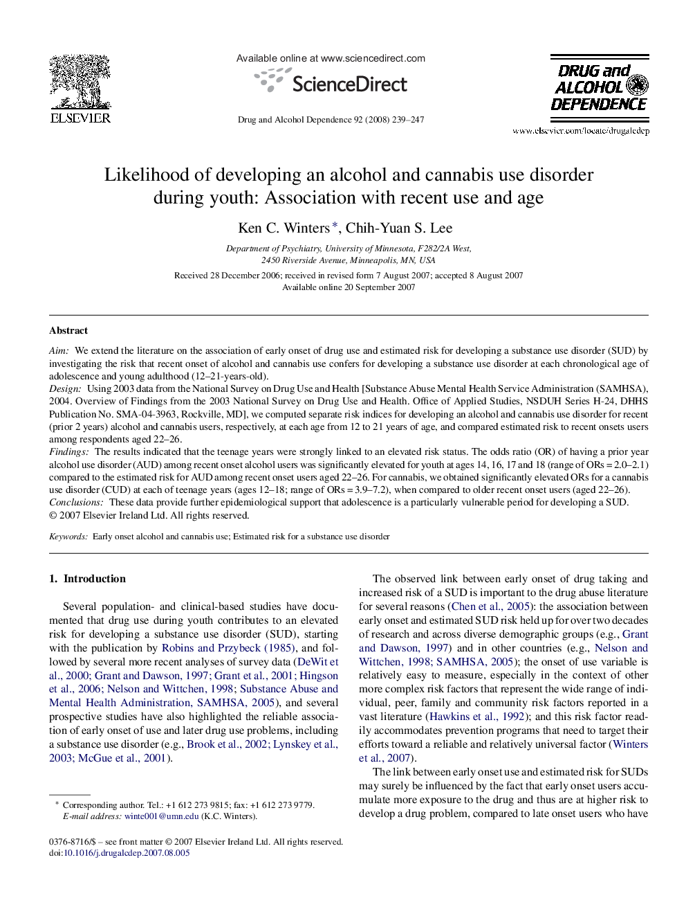 Likelihood of developing an alcohol and cannabis use disorder during youth: Association with recent use and age