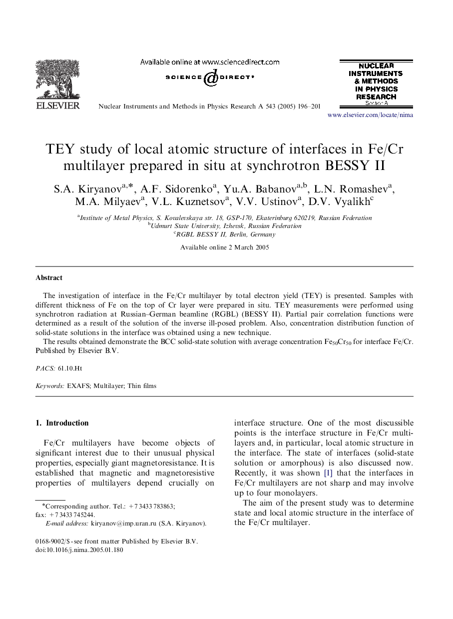 TEY study of local atomic structure of interfaces in Fe/Cr multilayer prepared in situ at synchrotron BESSY II