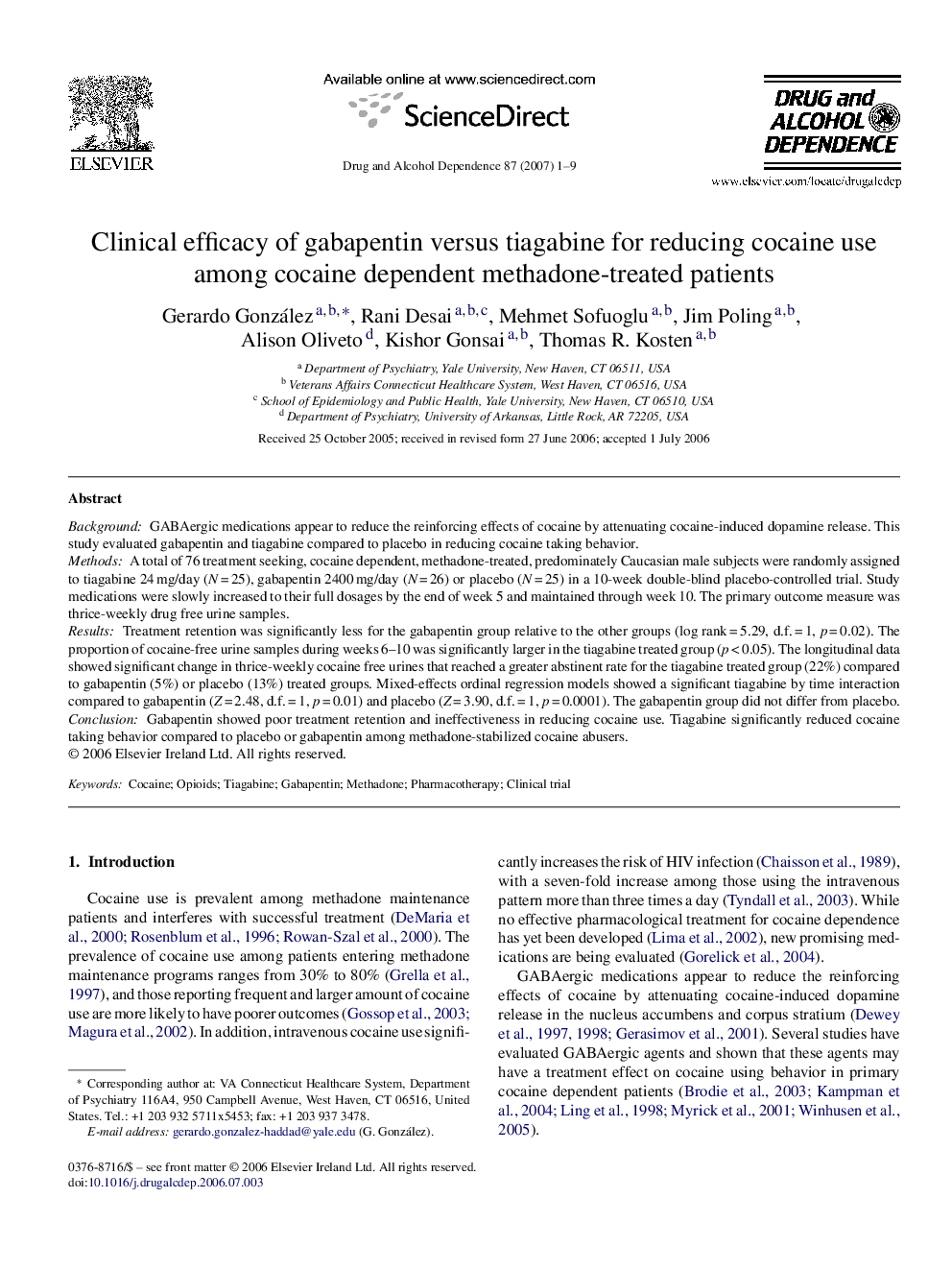 Clinical efficacy of gabapentin versus tiagabine for reducing cocaine use among cocaine dependent methadone-treated patients