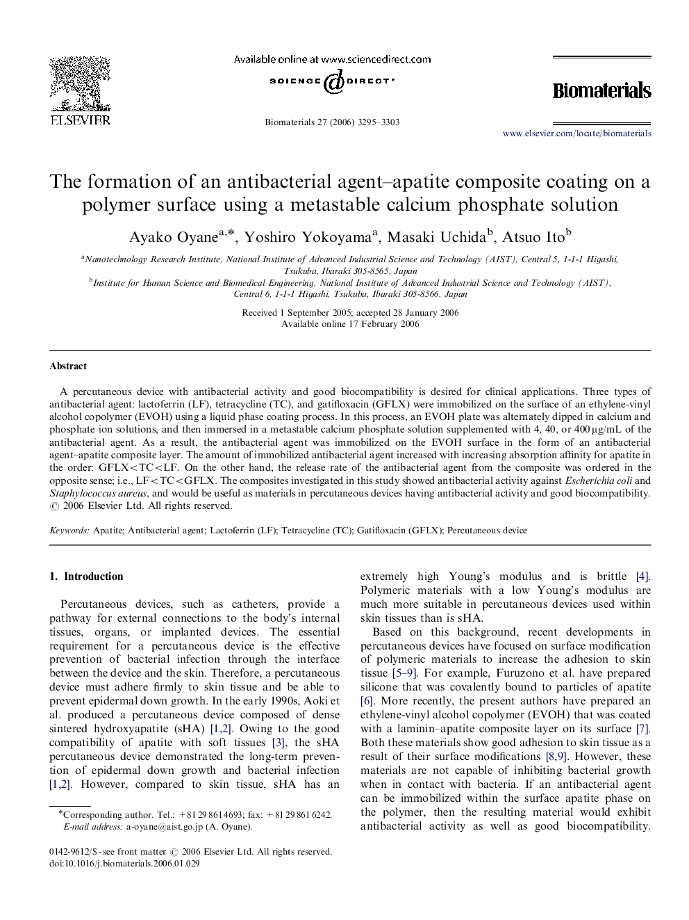 The formation of an antibacterial agent–apatite composite coating on a polymer surface using a metastable calcium phosphate solution