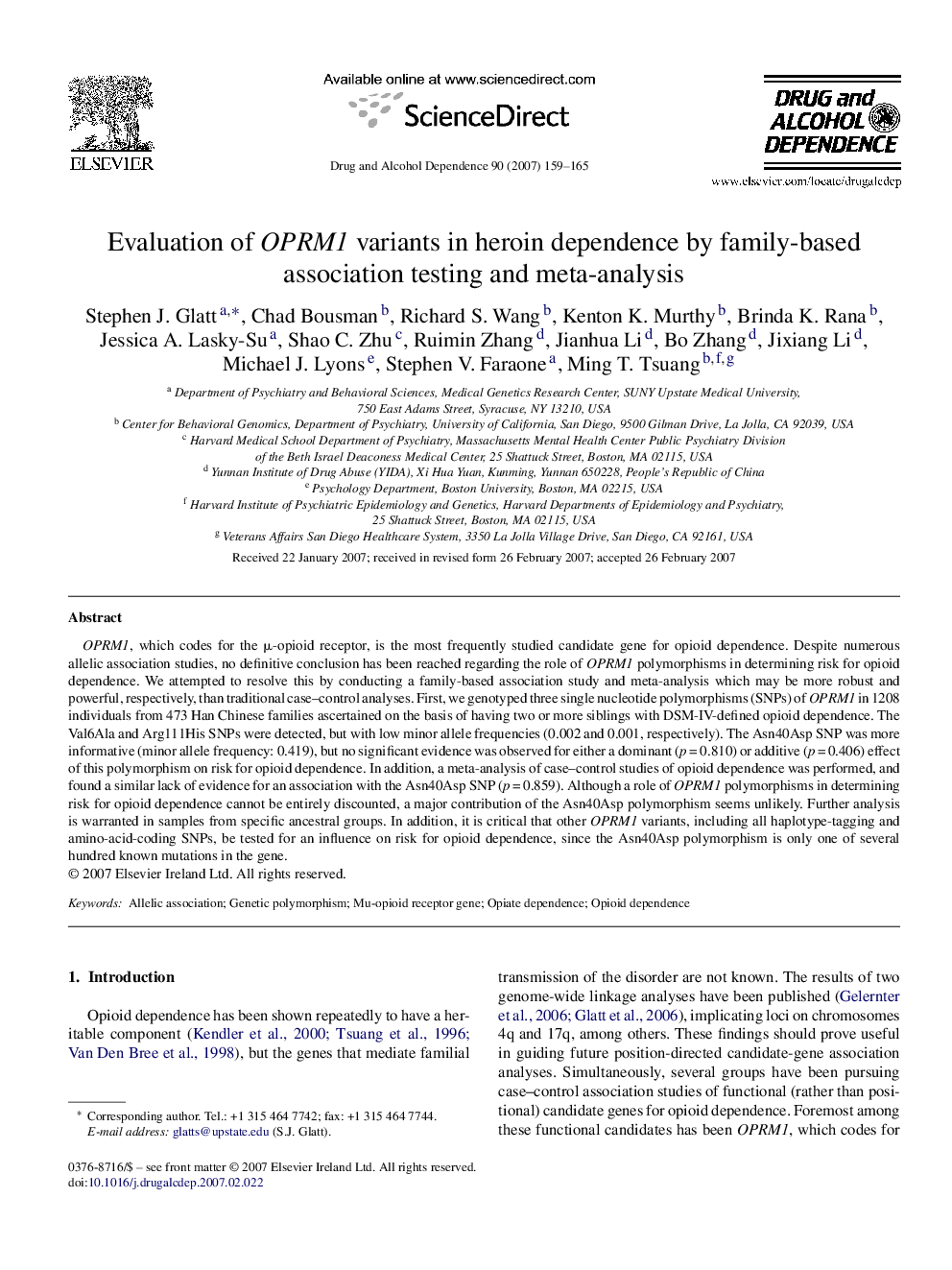 عکس صفحه اول مقاله: Evaluation of OPRM1 variants in heroin dependence by family-based association testing and meta-analysis Evaluation of OPRM1 variants in heroin dependence by family-based association testing and meta-analysis
