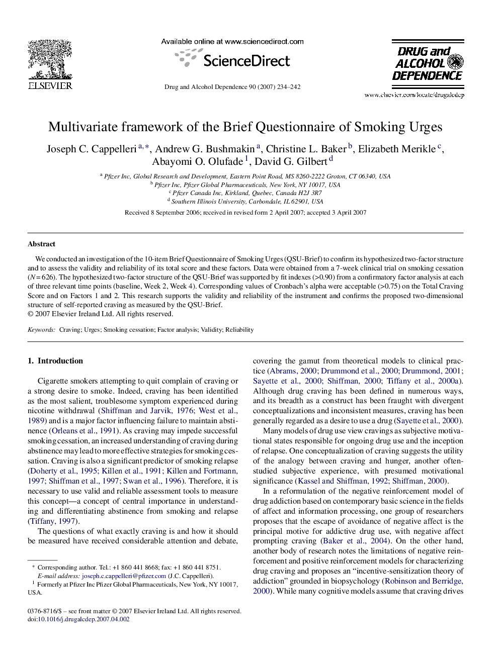 Multivariate framework of the Brief Questionnaire of Smoking Urges