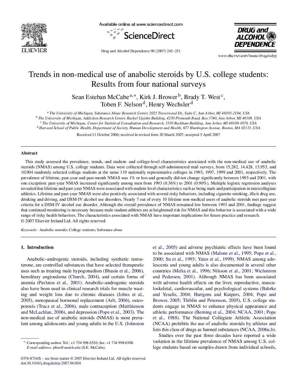 Trends in non-medical use of anabolic steroids by U.S. college students: Results from four national surveys