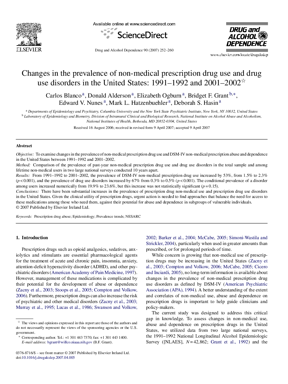 Changes in the prevalence of non-medical prescription drug use and drug use disorders in the United States: 1991–1992 and 2001–2002 