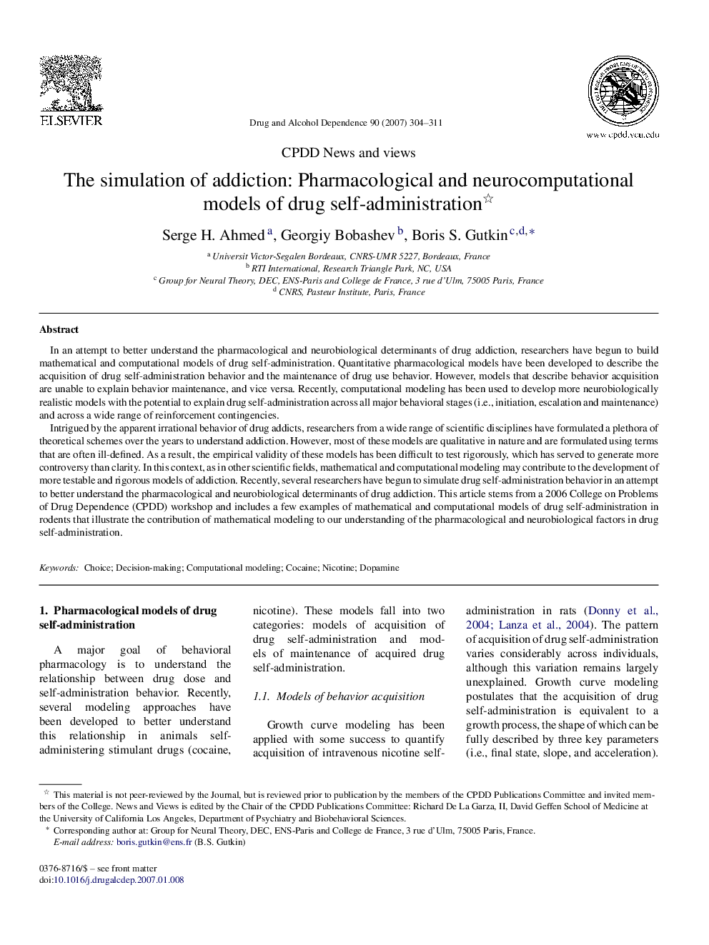 The Simulation of Addiction: Pharmacological and Neurocomputational Models of Drug Self-Administration