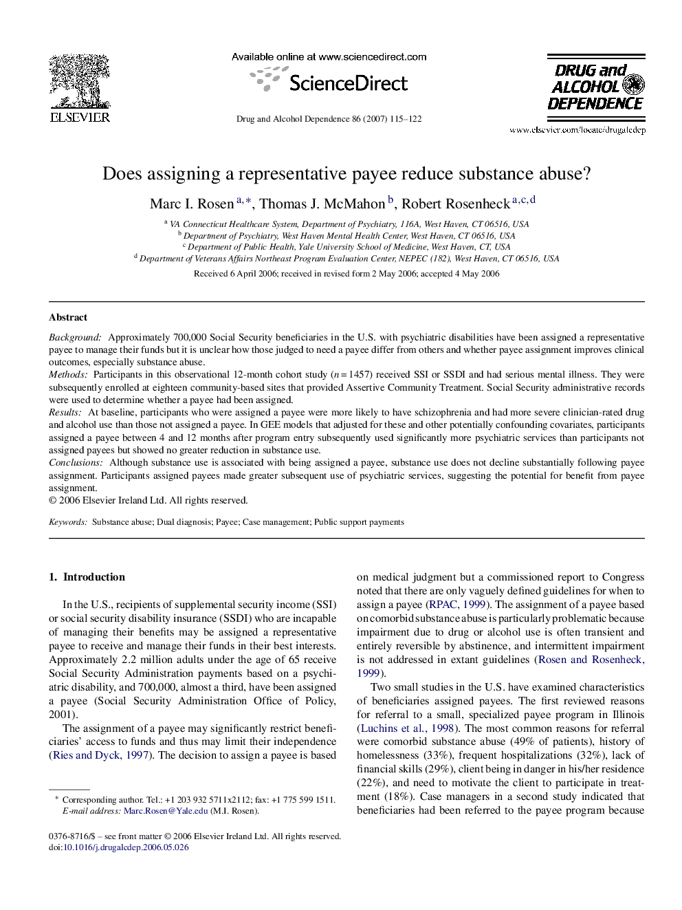 Does assigning a representative payee reduce substance abuse?