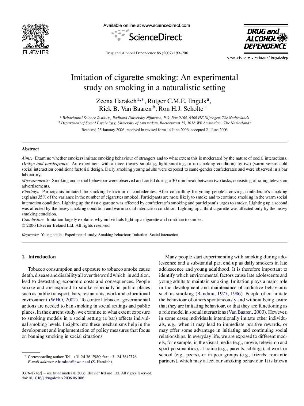 Imitation of cigarette smoking: An experimental study on smoking in a naturalistic setting