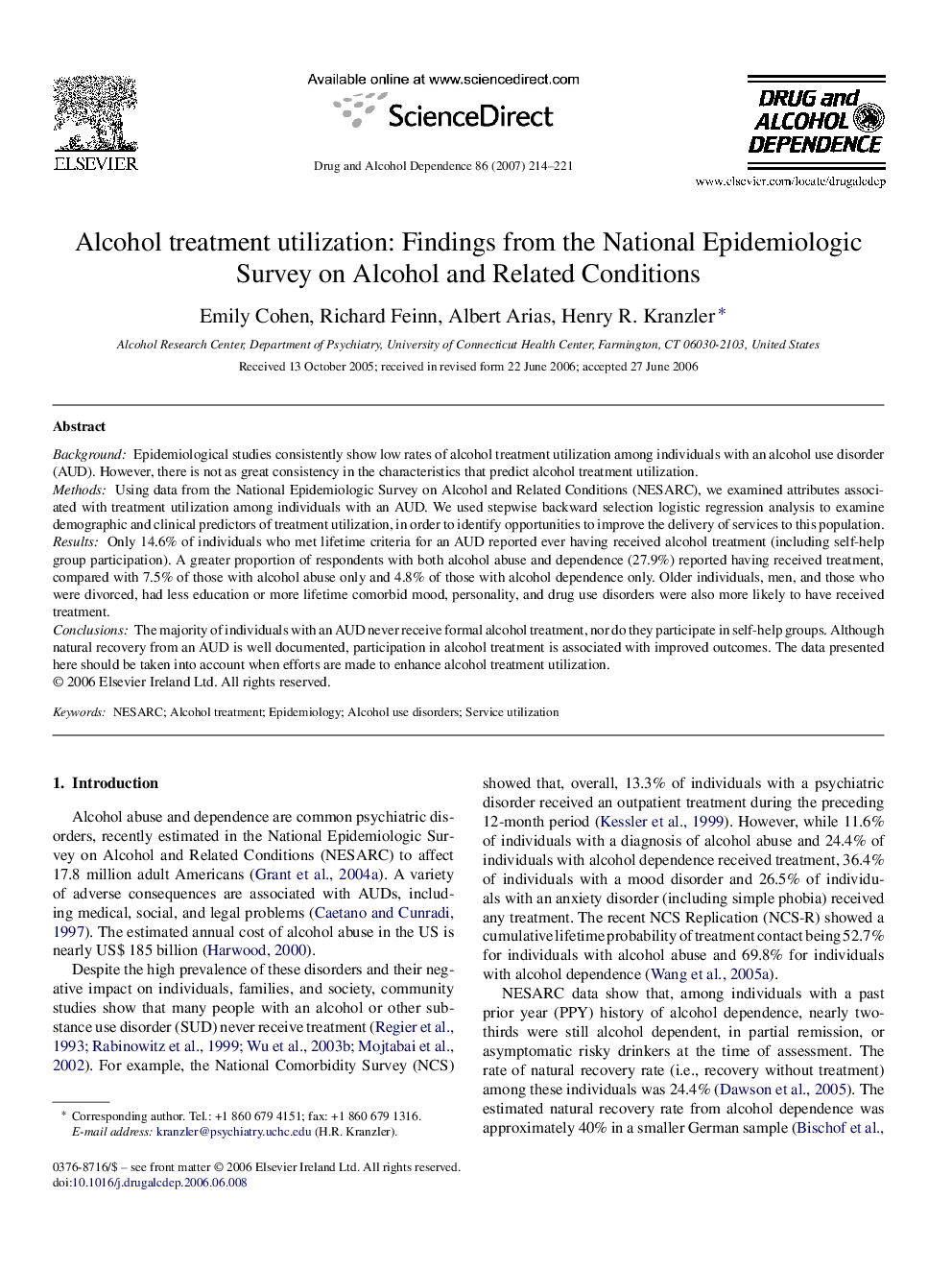 Alcohol treatment utilization: Findings from the National Epidemiologic Survey on Alcohol and Related Conditions