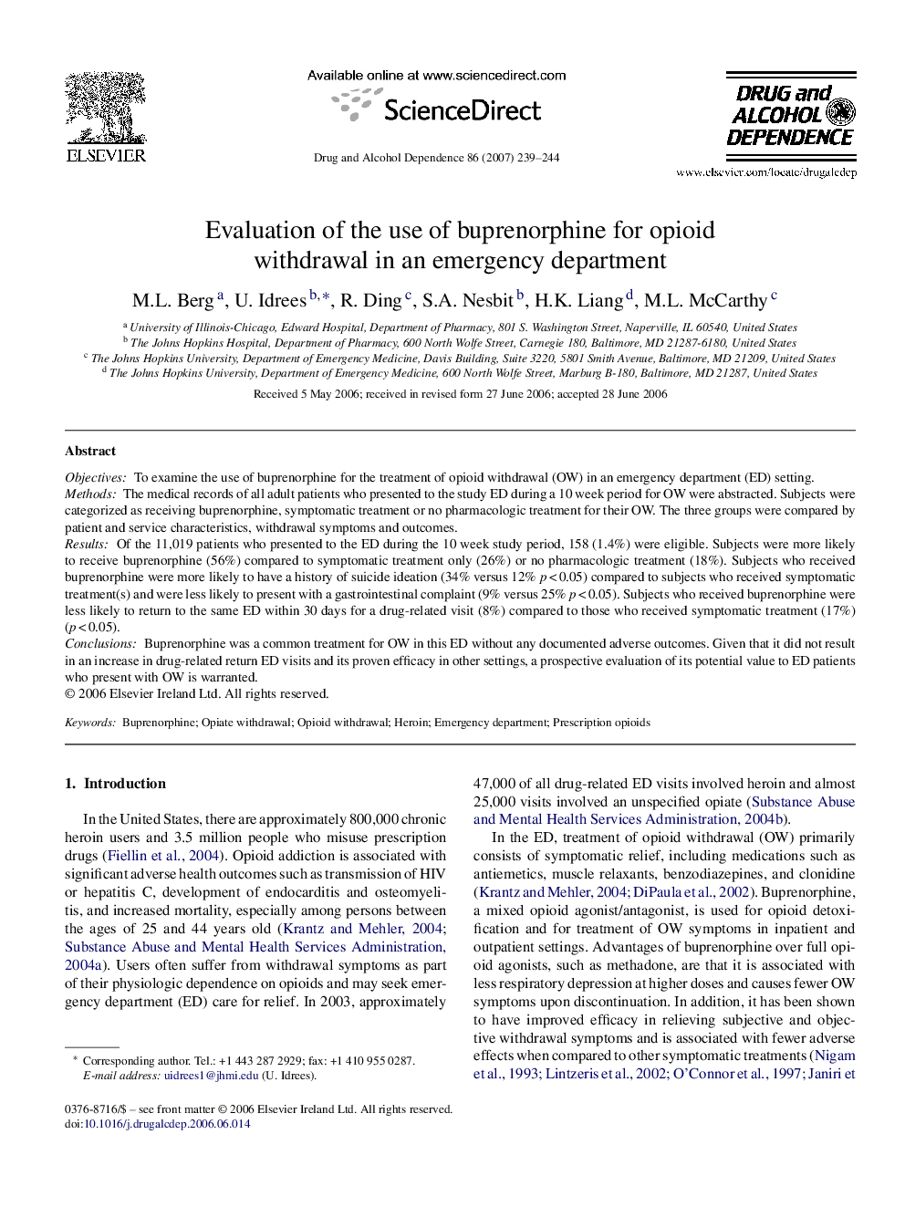 Evaluation of the use of buprenorphine for opioid withdrawal in an emergency department