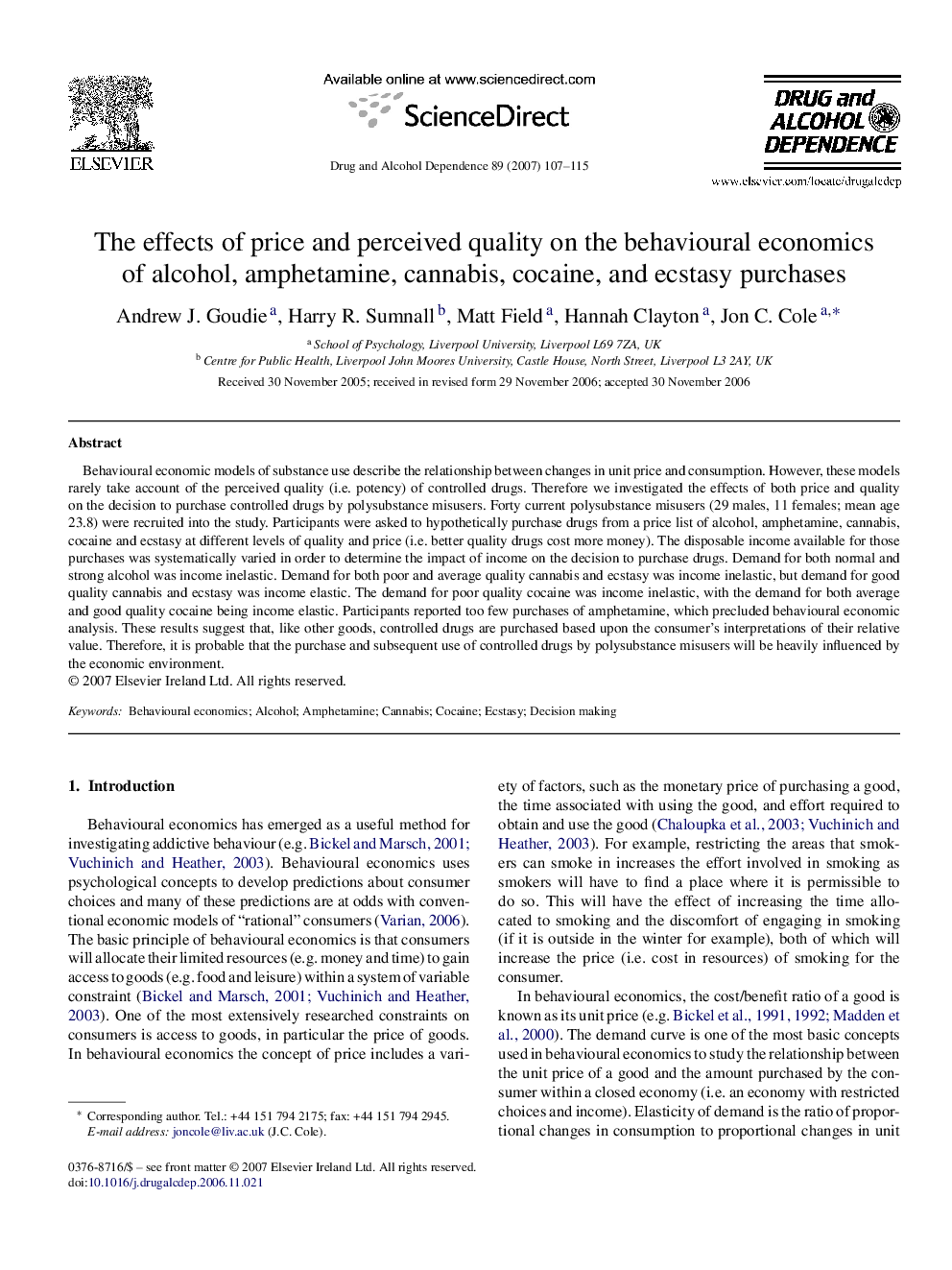 The effects of price and perceived quality on the behavioural economics of alcohol, amphetamine, cannabis, cocaine, and ecstasy purchases