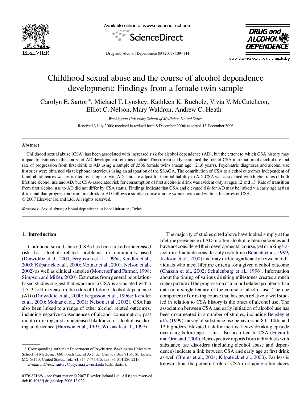 Childhood sexual abuse and the course of alcohol dependence development: Findings from a female twin sample