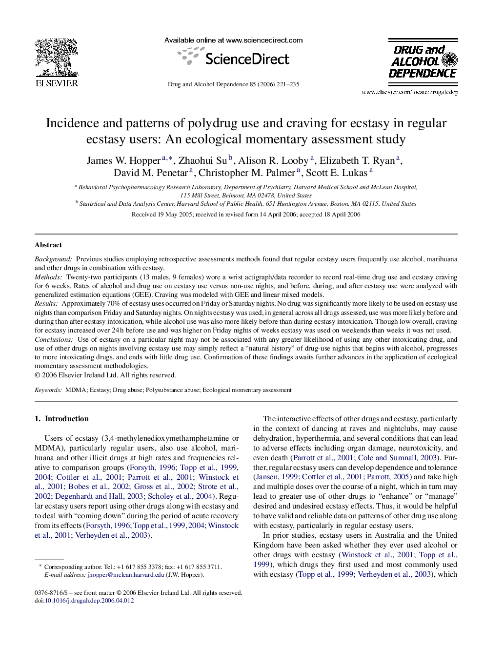 Incidence and patterns of polydrug use and craving for ecstasy in regular ecstasy users: An ecological momentary assessment study