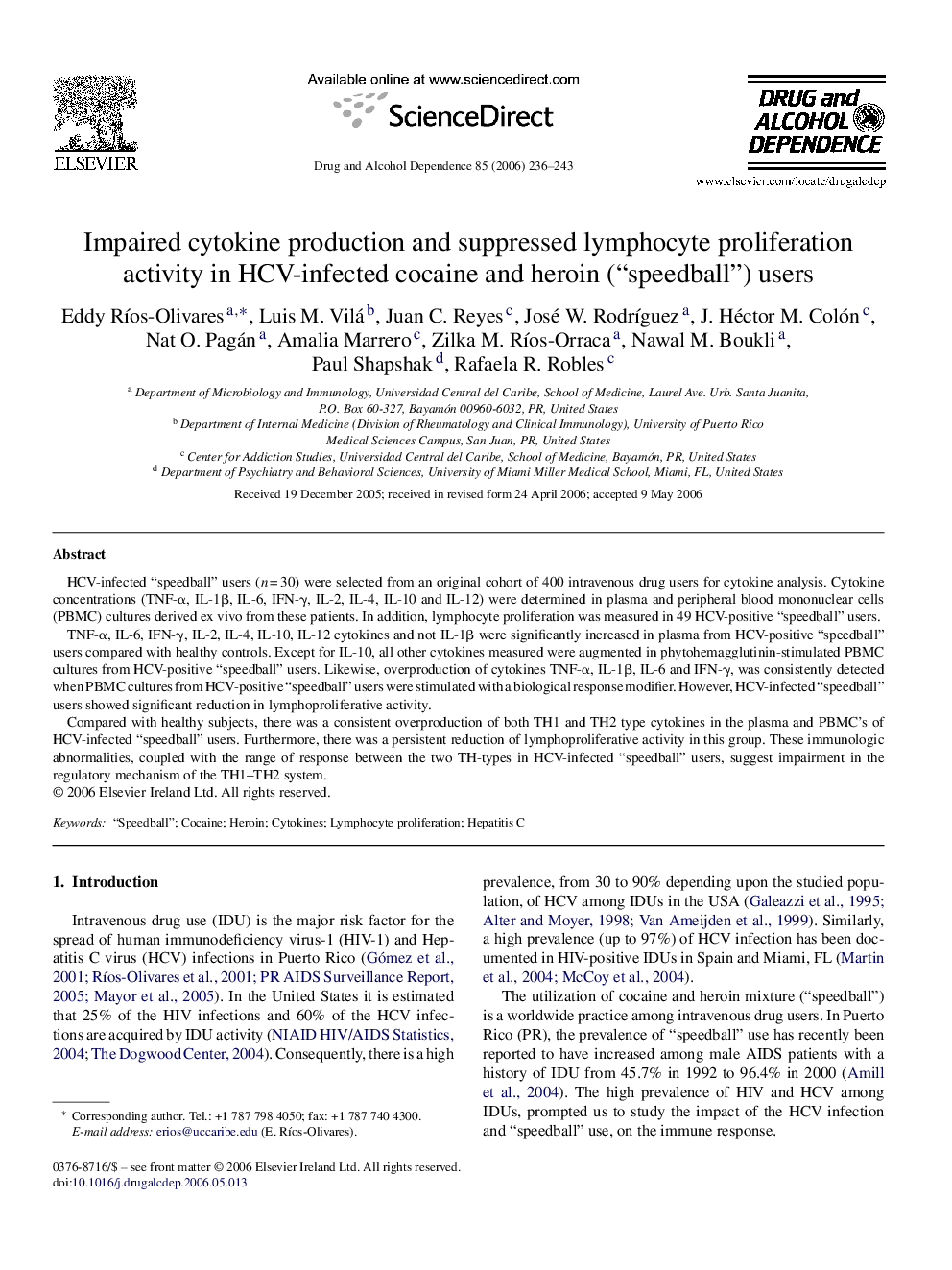 Impaired cytokine production and suppressed lymphocyte proliferation activity in HCV-infected cocaine and heroin (“speedball”) users