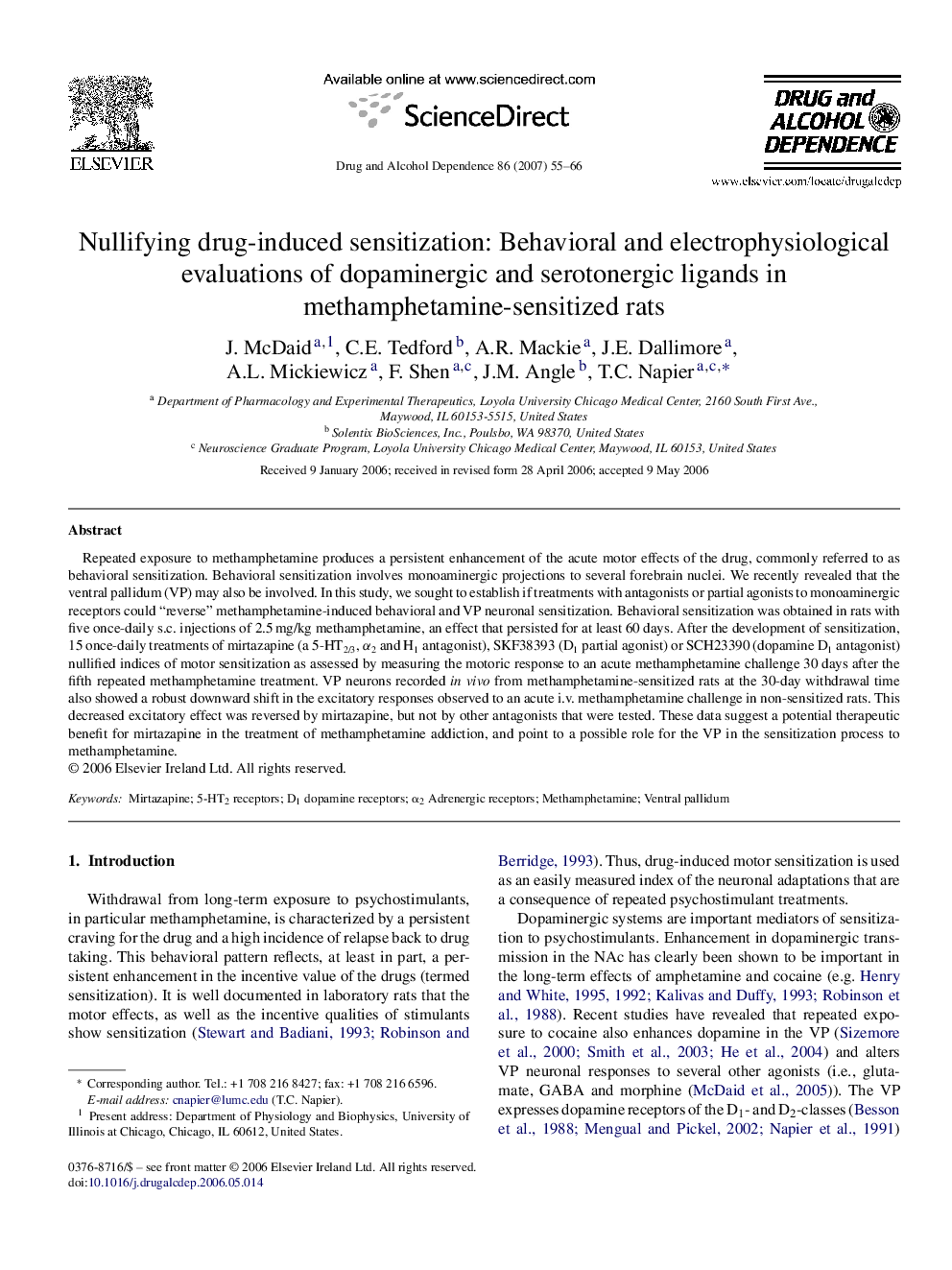 Nullifying drug-induced sensitization: Behavioral and electrophysiological evaluations of dopaminergic and serotonergic ligands in methamphetamine-sensitized rats