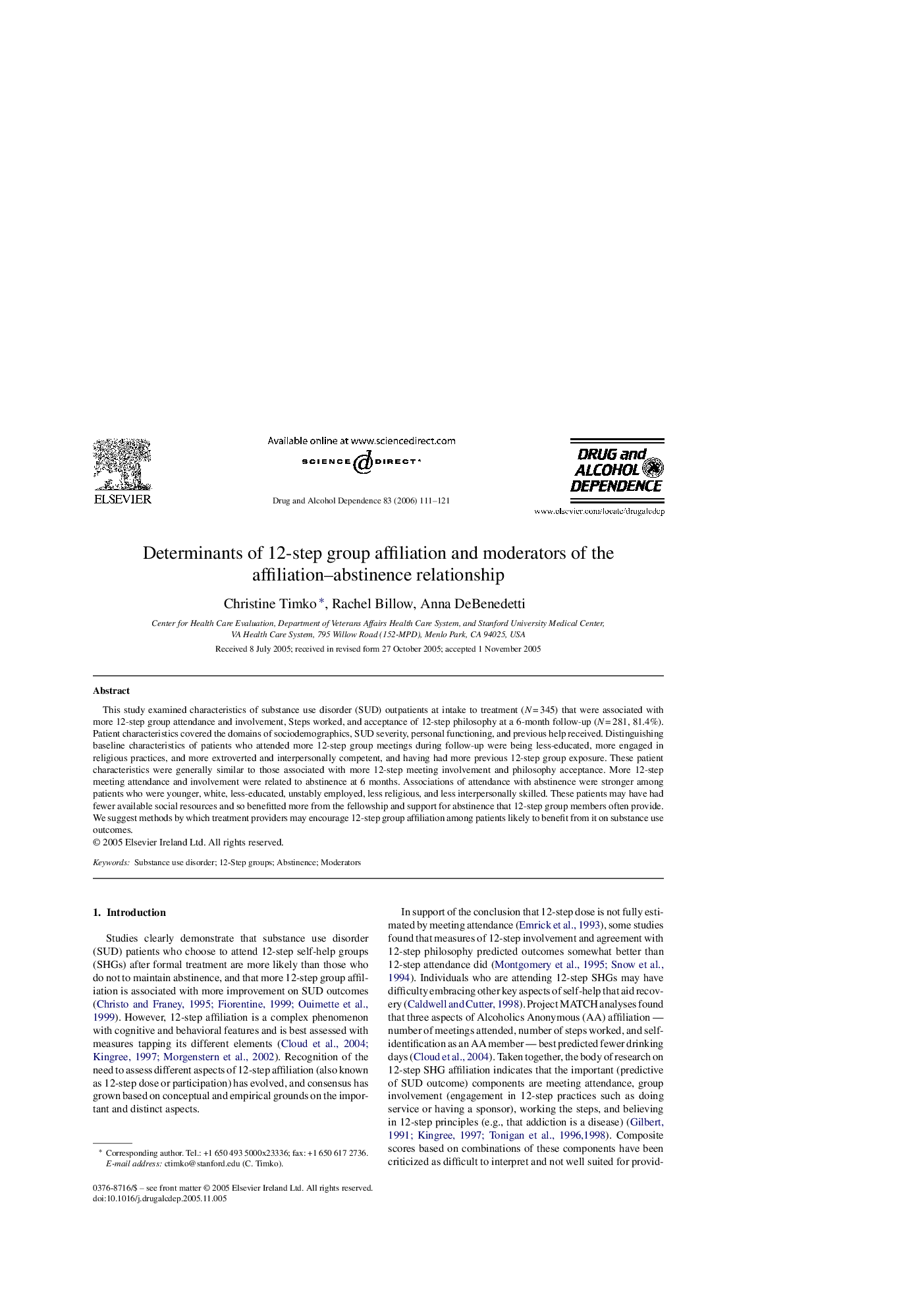 Determinants of 12-step group affiliation and moderators of the affiliation–abstinence relationship