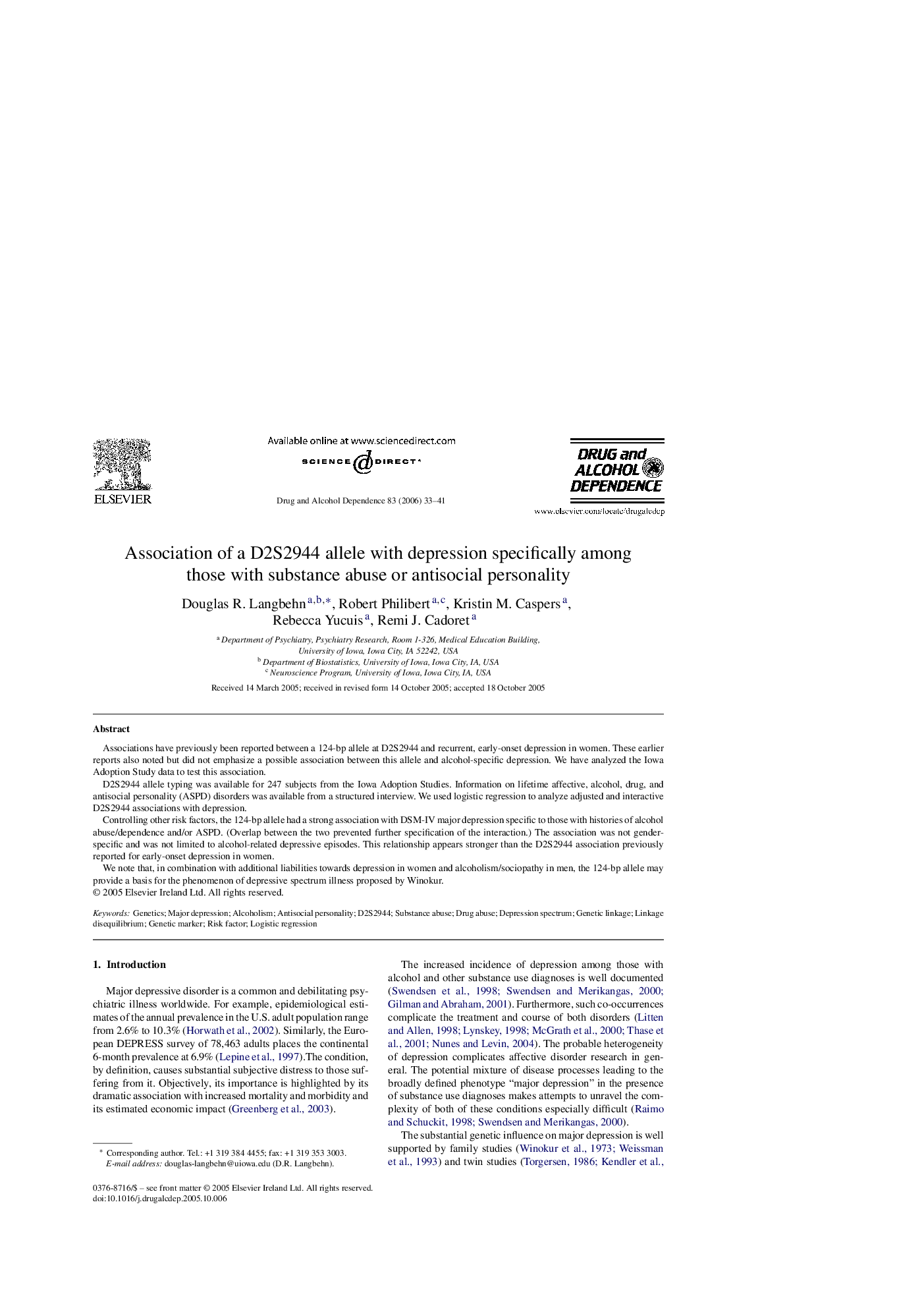 Association of a D2S2944 allele with depression specifically among those with substance abuse or antisocial personality