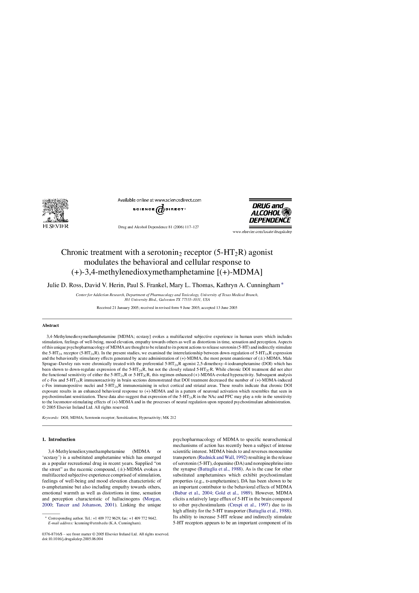 Chronic treatment with a serotonin2 receptor (5-HT2R) agonist modulates the behavioral and cellular response to (+)-3,4-methylenedioxymethamphetamine [(+)-MDMA]