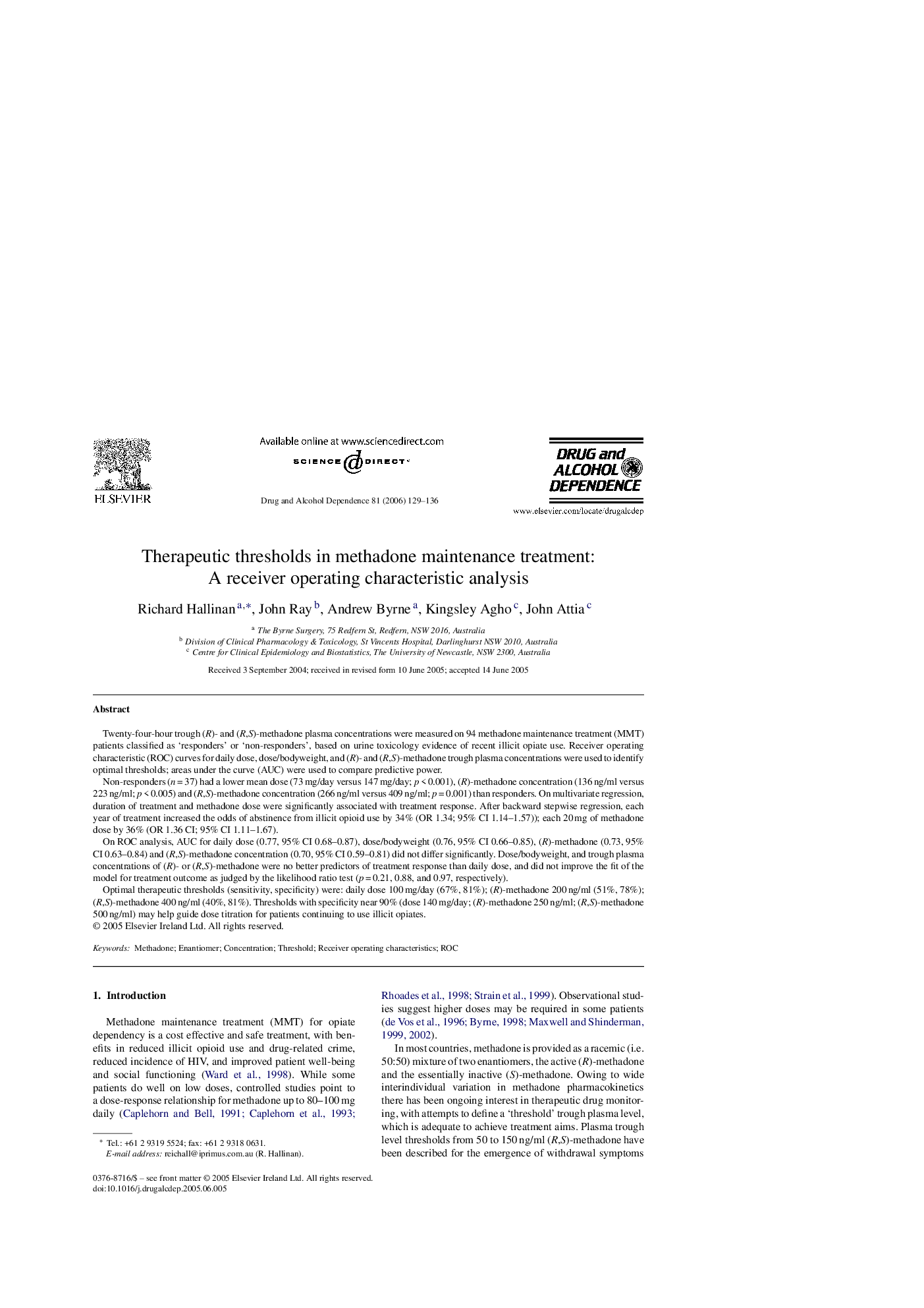 Therapeutic thresholds in methadone maintenance treatment: A receiver operating characteristic analysis