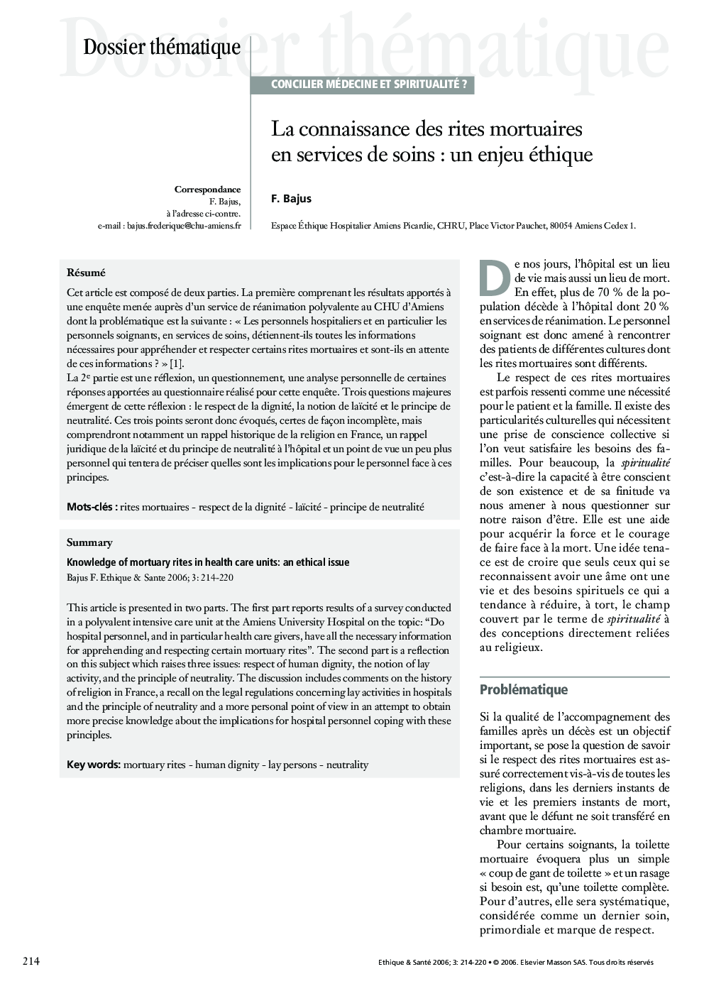 La connaissance des rites mortuaires en services desoins : un enjeu éthique