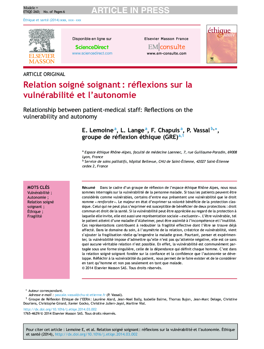 Relation soigné soignantÂ : réflexions sur la vulnérabilité et l'autonomie