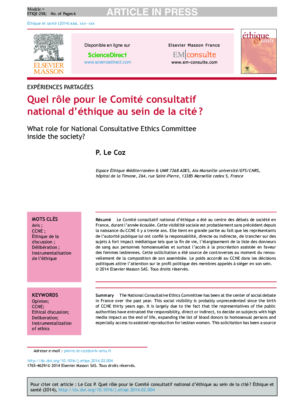 Quel rÃ´le pour le Comité consultatif national d'éthique au sein de la citéÂ ?