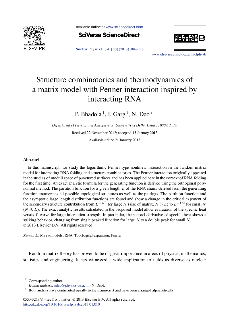 Structure combinatorics and thermodynamics of a matrix model with Penner interaction inspired by interacting RNA