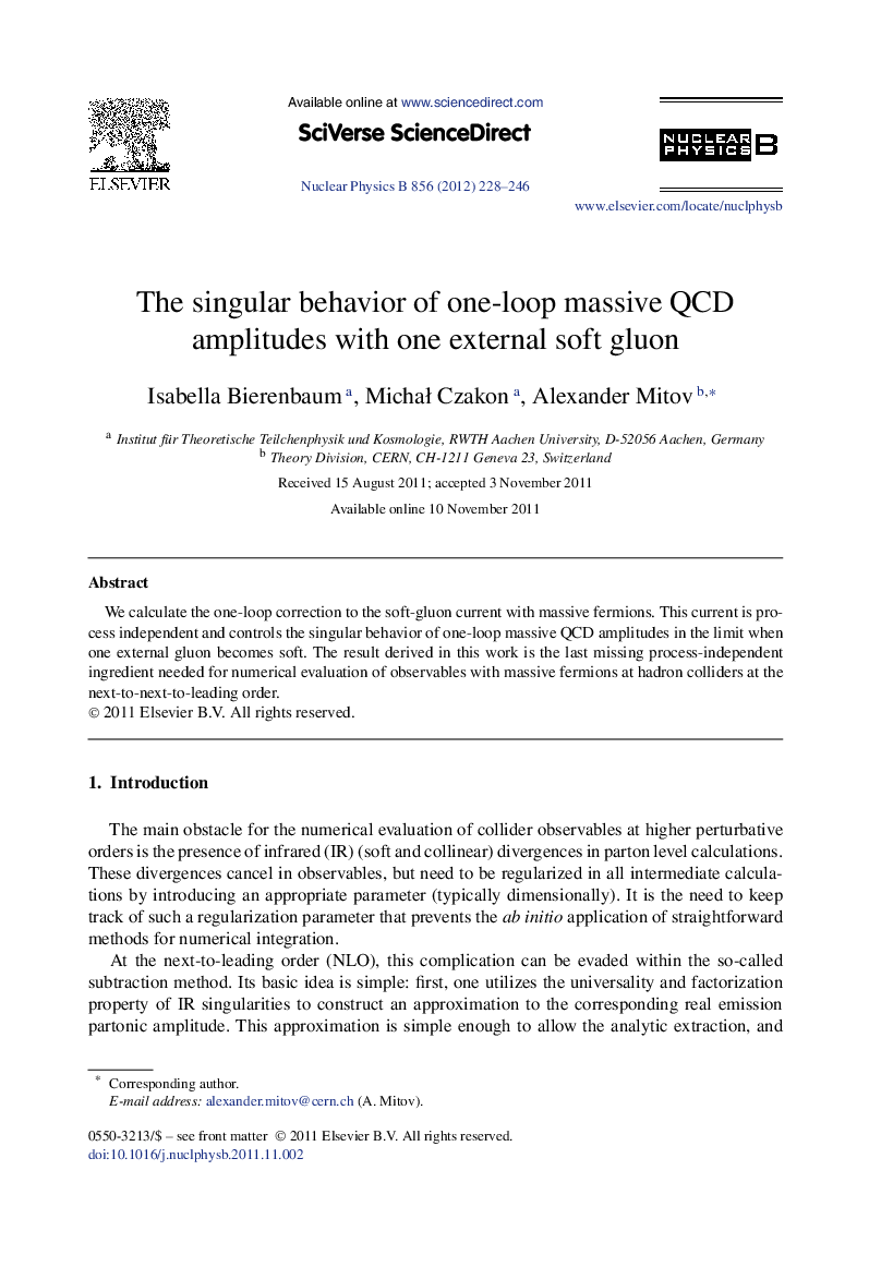 عکس صفحه اول مقاله: The singular behavior of one-loop massive QCD amplitudes with one external soft gluon The singular behavior of one-loop massive QCD amplitudes with one external soft gluon