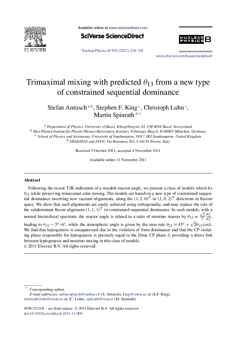 عکس صفحه اول مقاله: Trimaximal mixing with predicted θ13 from a new type of constrained sequential dominance Trimaximal mixing with predicted θ13 from a new type of constrained sequential dominance