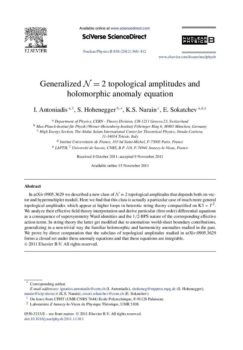 Generalized N=2 topological amplitudes and holomorphic anomaly equation