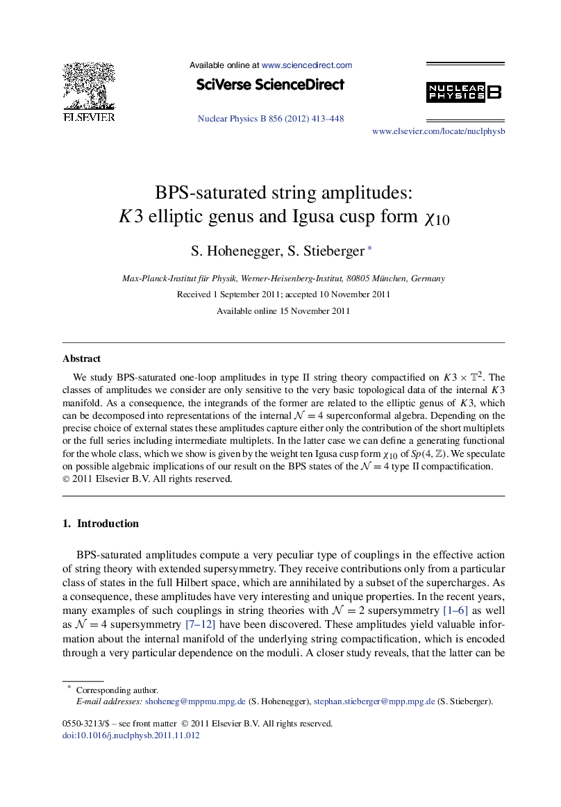 عکس صفحه اول مقاله: BPS-saturated string amplitudes: K3 elliptic genus and Igusa cusp form Ï10 BPS-saturated string amplitudes: K3 elliptic genus and Igusa cusp form Ï10