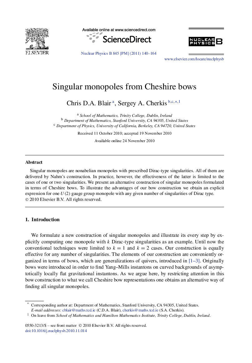 Singular monopoles from Cheshire bows