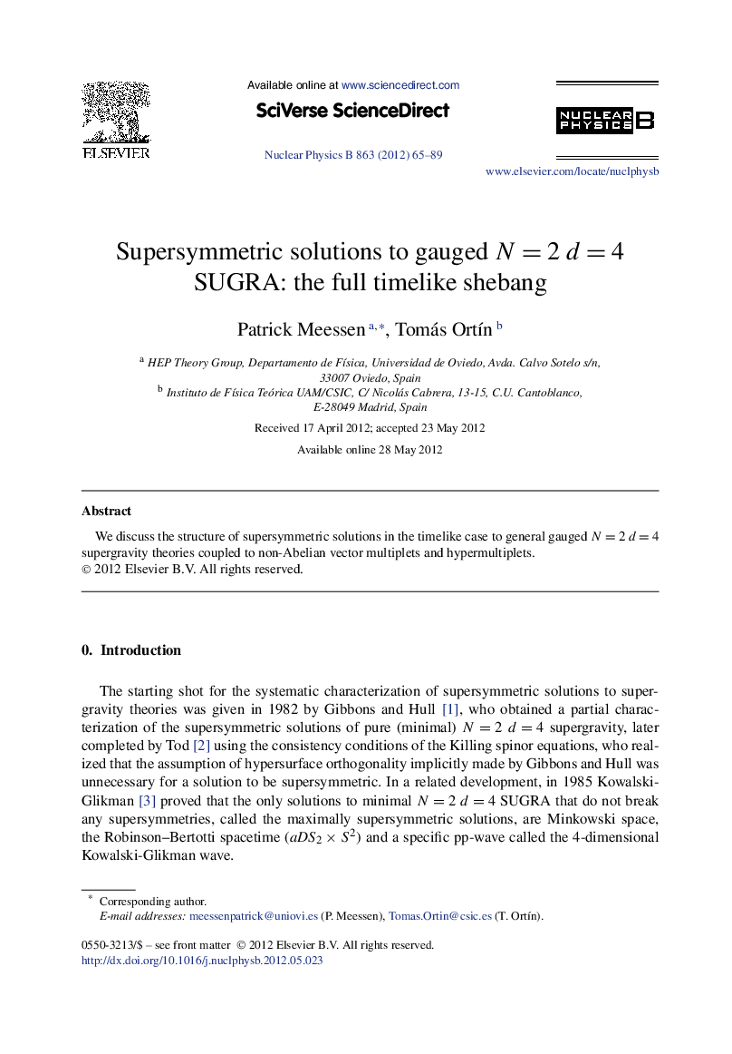 عکس صفحه اول مقاله: Supersymmetric solutions to gauged N=2d=4 SUGRA: the full timelike shebang Supersymmetric solutions to gauged N=2d=4 SUGRA: the full timelike shebang